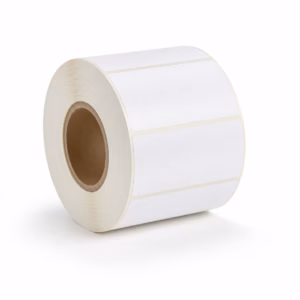 Mockup de etiqueta térmica neutra para catálogo de productos de impresión.