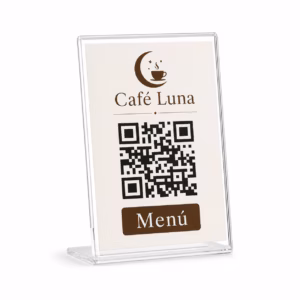 Mockup de portacódigo qr de mesa para catálogo de productos de impresión.
