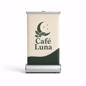 Mockup de mini roll up para catálogo de productos de impresión.