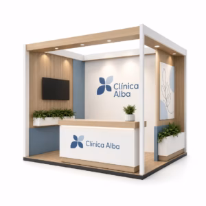Mockup de stand abierto, esquina o isla para catálogo de productos de impresión.