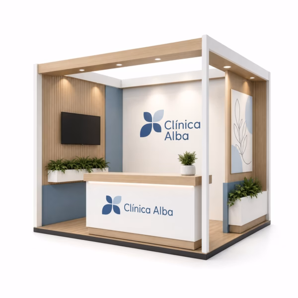 Mockup de stand abierto, esquina o isla para catálogo de productos de impresión.