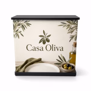 Mockup de mostrador para feria para catálogo de productos de impresión.