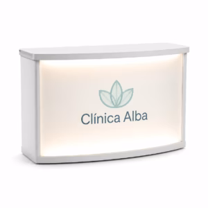 Mockup de mostrador iluminado para catálogo de productos de impresión.