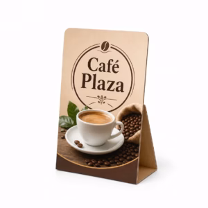 Mockup de display de sobremesa para catálogo de productos de impresión.