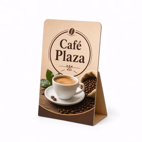 Mockup de display de sobremesa para catálogo de productos de impresión.