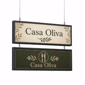 Mockup de cartelería suspendida para catálogo de productos de impresión.