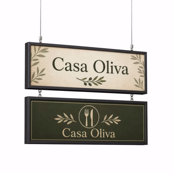 Mockup de cartelería suspendida para catálogo de productos de impresión.