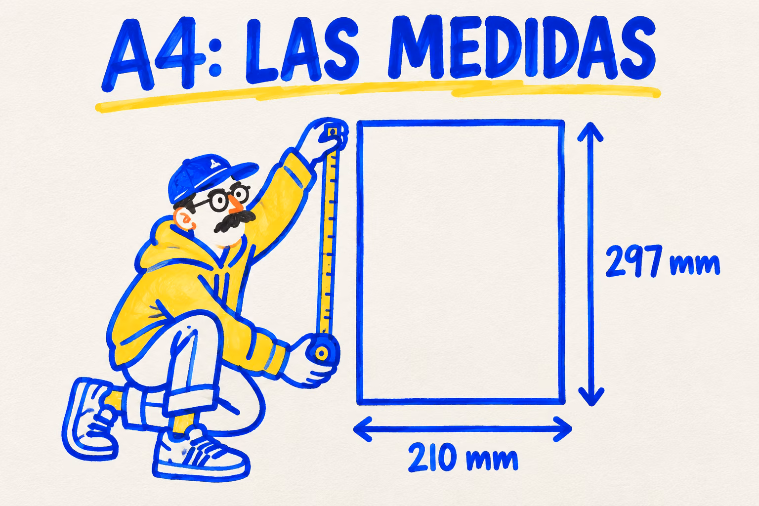 Diagrama de una hoja A4 de 210 milímetros de ancho y 297 de alto
