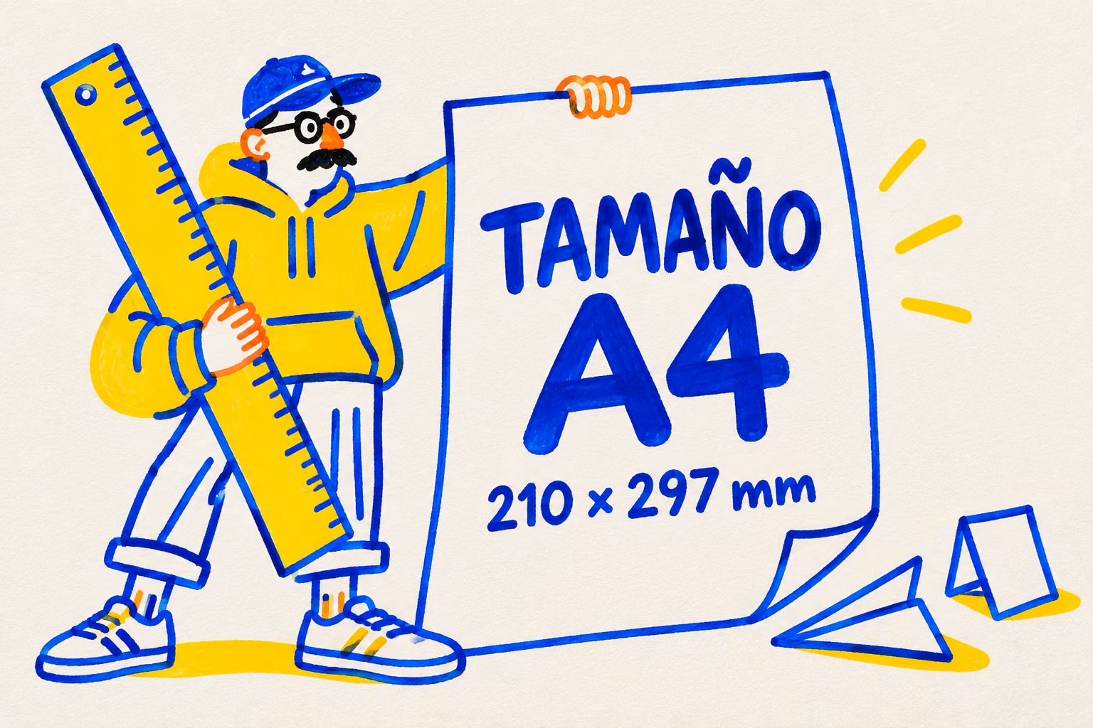 Persona ilustrada con una regla y una hoja A4 de 210 por 297 milímetros