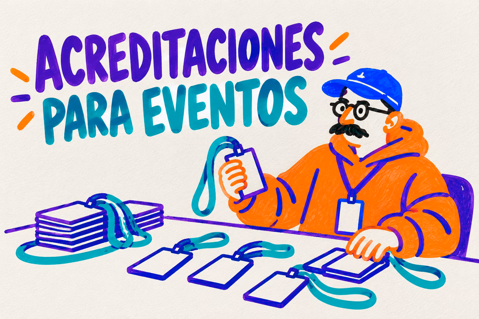 Creativo ilustrado organizando acreditaciones de evento con cordones