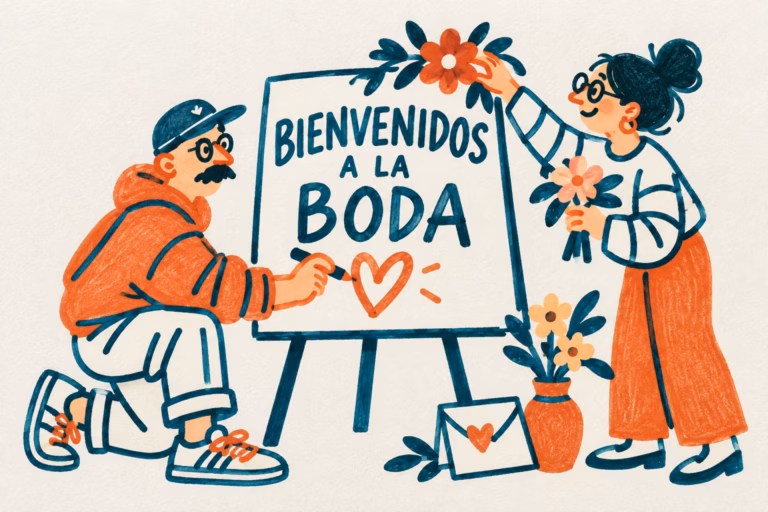Pareja ilustrada decorando un cartel de bienvenida de boda sobre un caballete