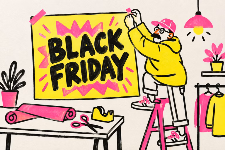 Comerciante ilustrado colgando un cartel de Black Friday en rosa y amarillo