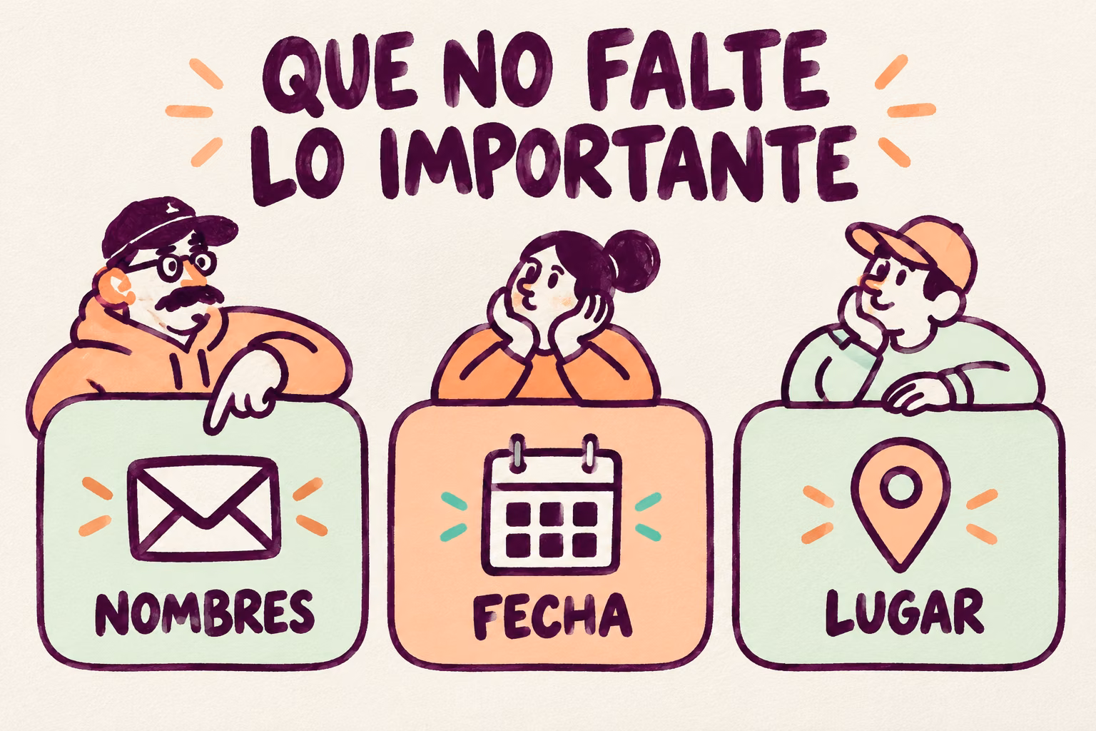 Infografía ilustrada de los datos esenciales de una invitación: nombres, fecha y lugar