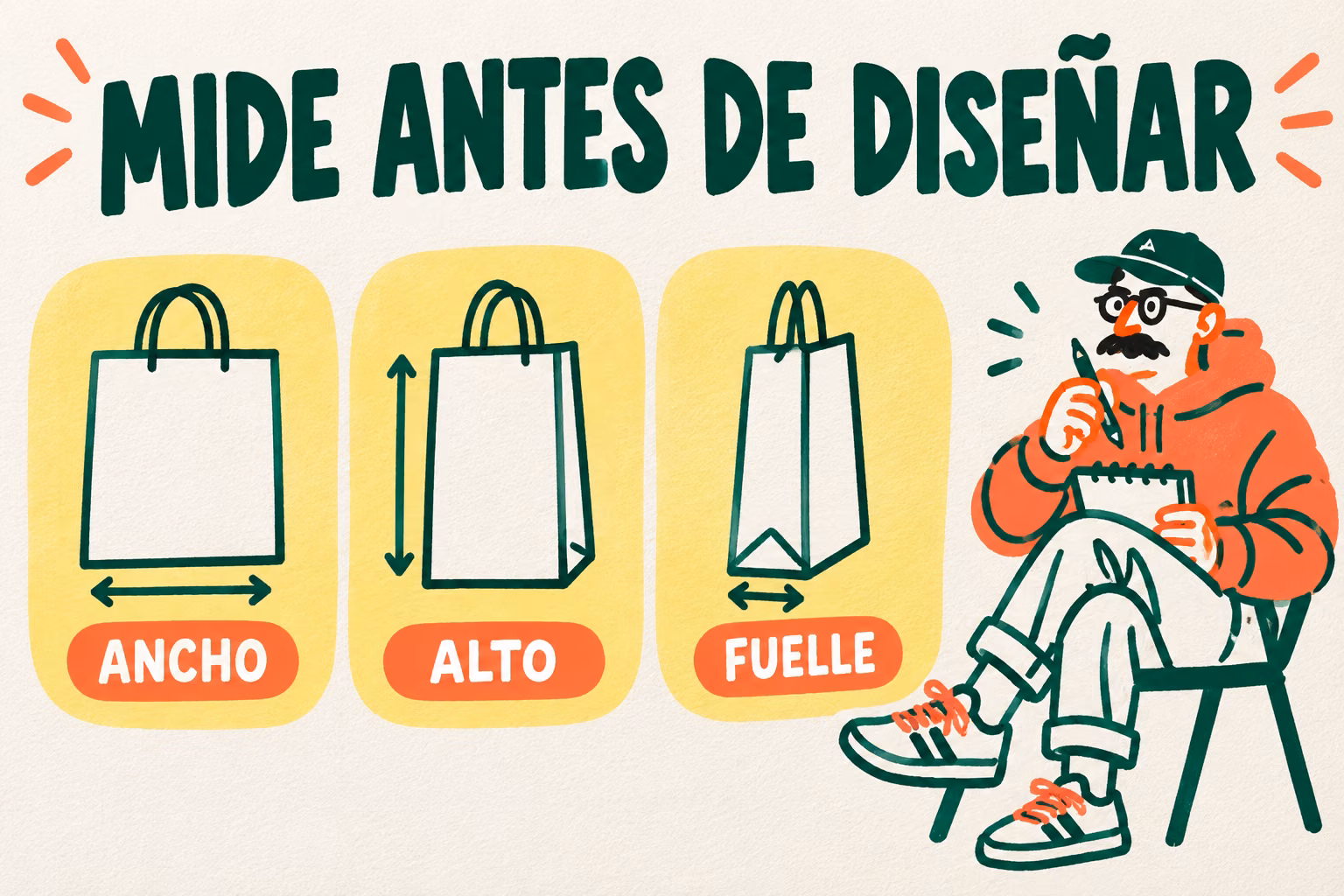 Infografía de medidas de bolsa: ancho, alto y fuelle