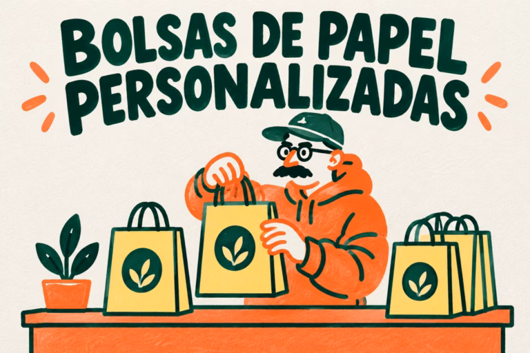 Creativo ilustrado preparando bolsas de papel personalizadas en un mostrador