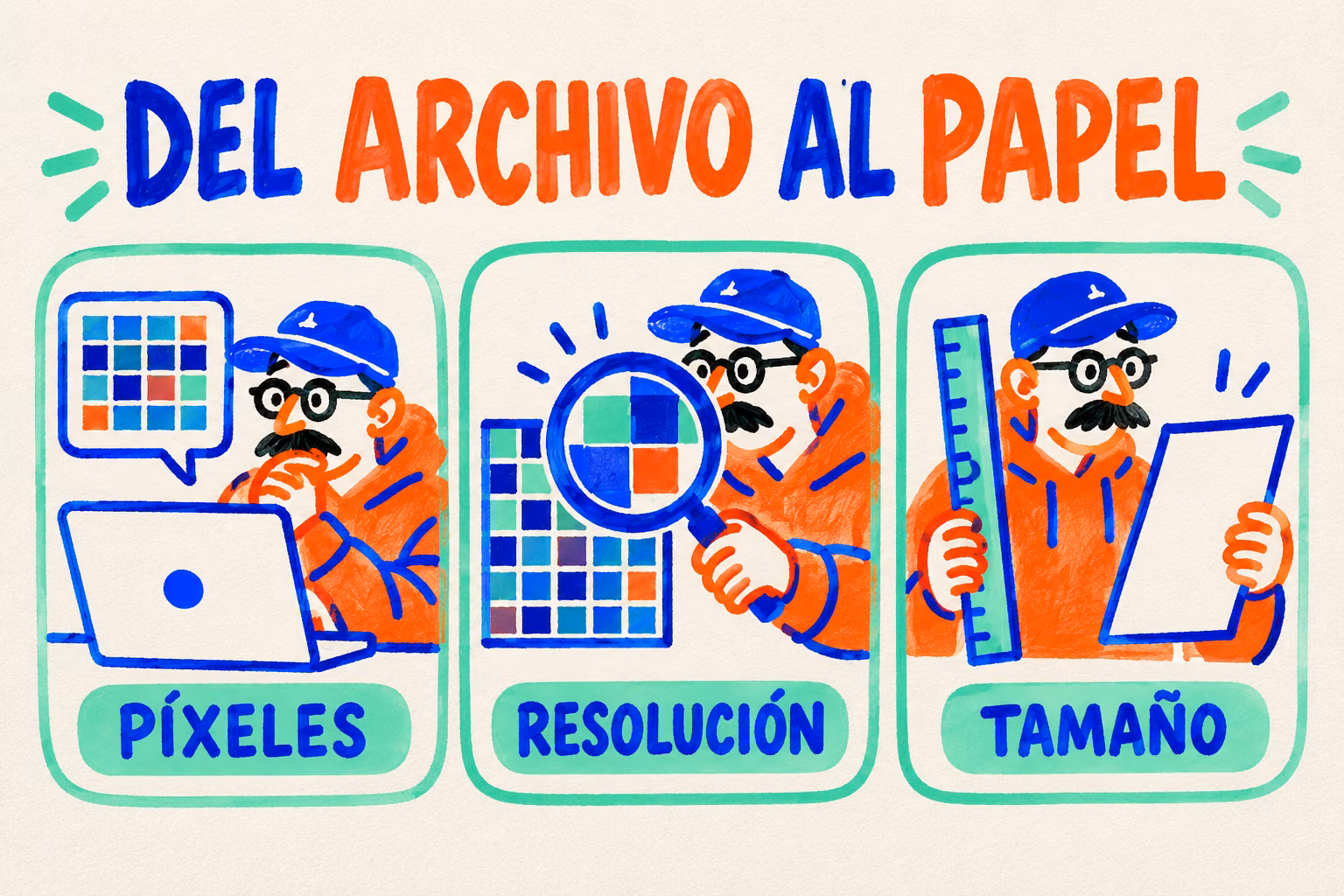 Infografía de la relación entre píxeles, resolución y tamaño de impresión