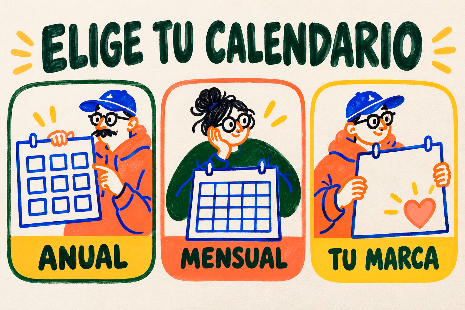 Infografía ilustrada de calendarios anual, mensual y para una marca