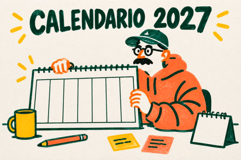 Ilustración de un creativo sosteniendo un calendario bajo el título Calendario 2027, en verde, coral y amarillo