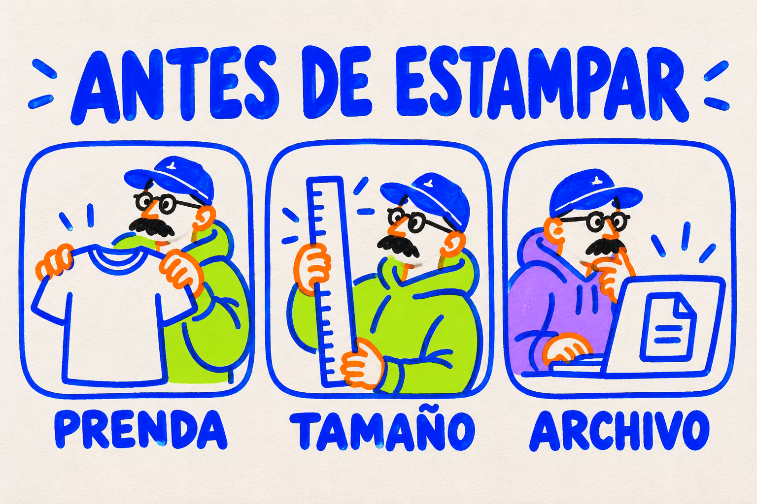Lista visual antes de estampar: prenda, tamaño y archivo
