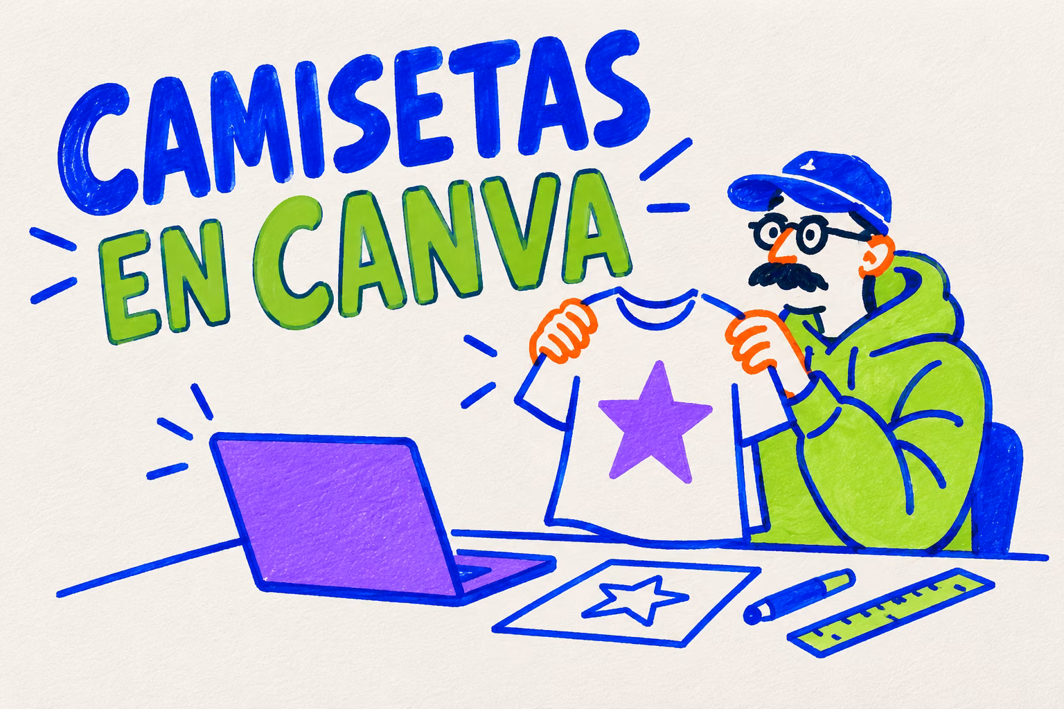 Creativo ilustrado con una camiseta personalizada, un portátil y una regla