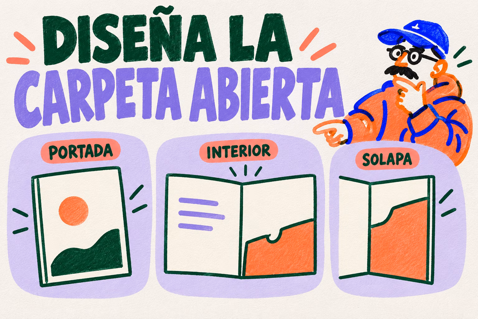 Infografía sobre portada, interior y solapa de una carpeta corporativa