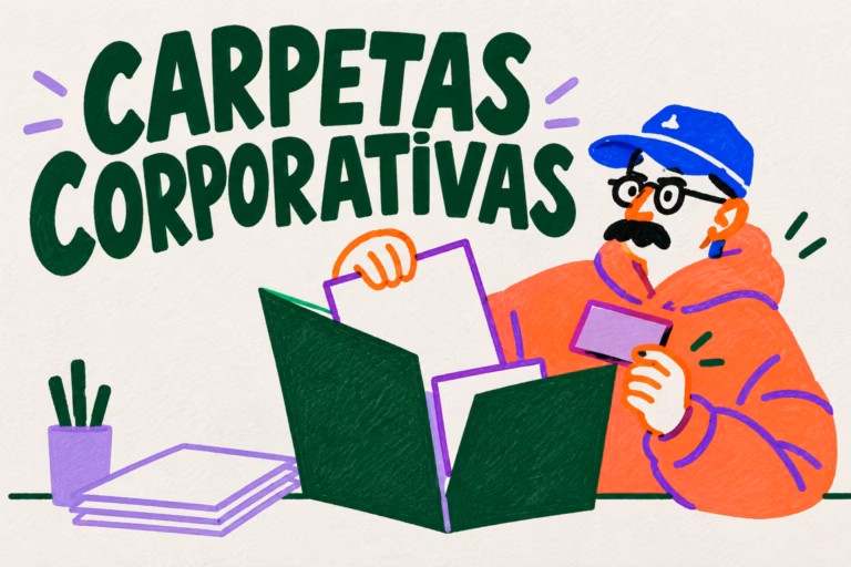 Creativo ilustrado mostrando una carpeta corporativa abierta