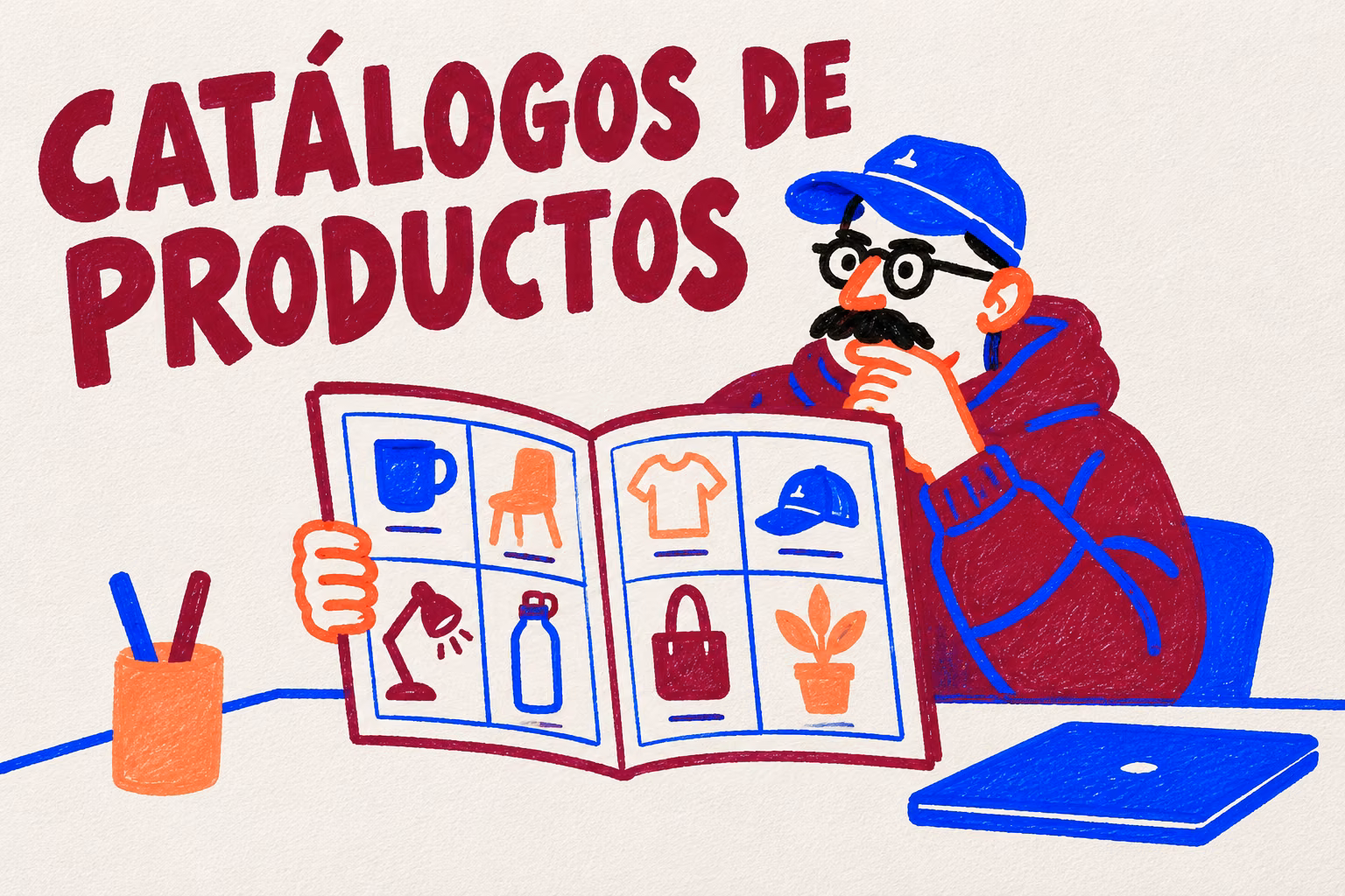 Creativo ilustrado revisando un catálogo abierto de productos