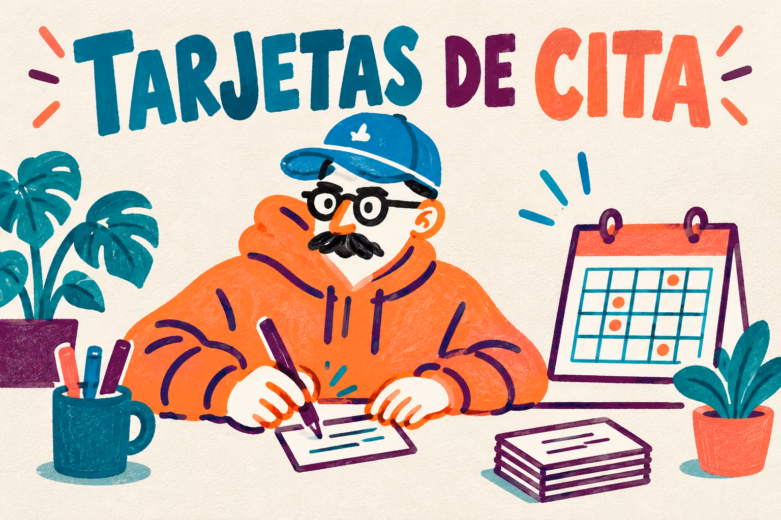 Creativo ilustrado escribiendo una tarjeta de cita junto a un calendario
