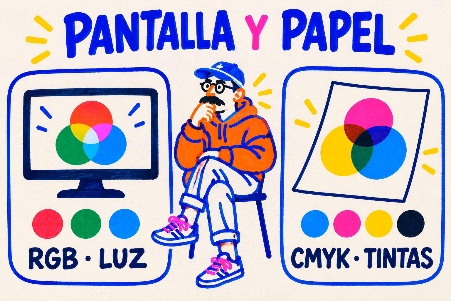 Comparación ilustrada entre RGB con luz y CMYK con tintas