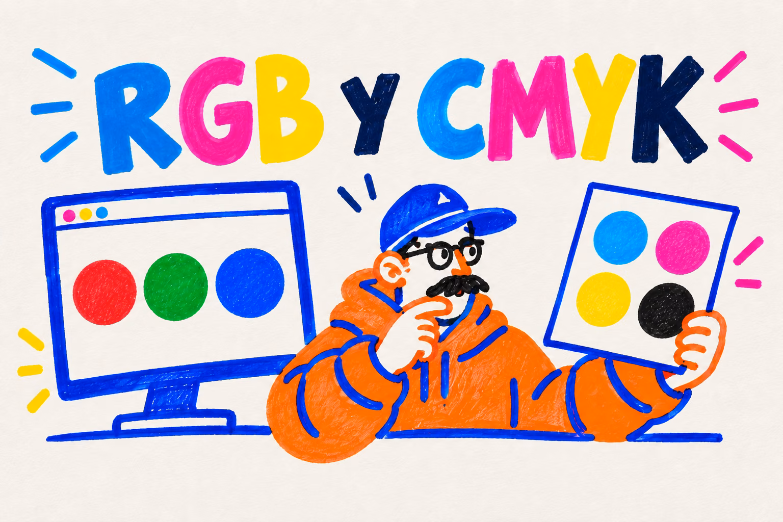 Creativo ilustrado comparando colores de una pantalla y una hoja impresa