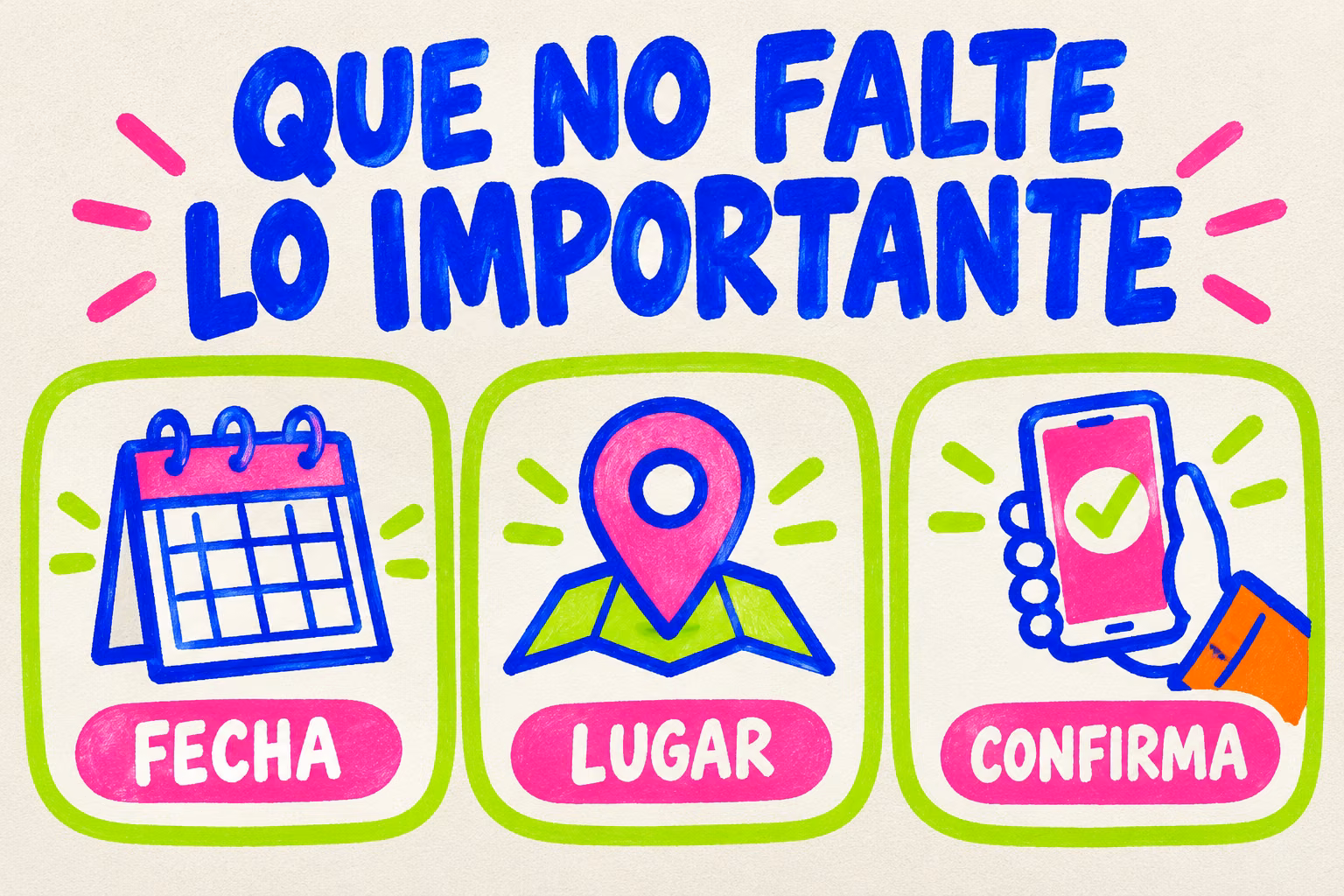 Infografía ilustrada con los datos esenciales de una invitación: fecha, lugar y confirmación