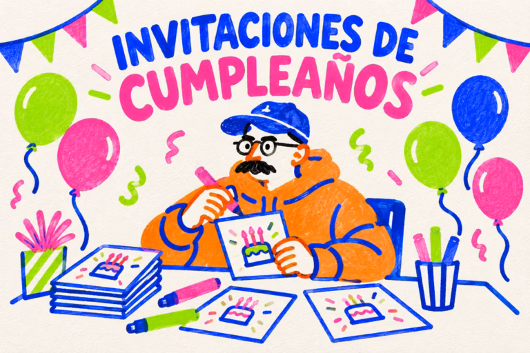 Creativo ilustrado diseñando invitaciones de cumpleaños entre globos de colores