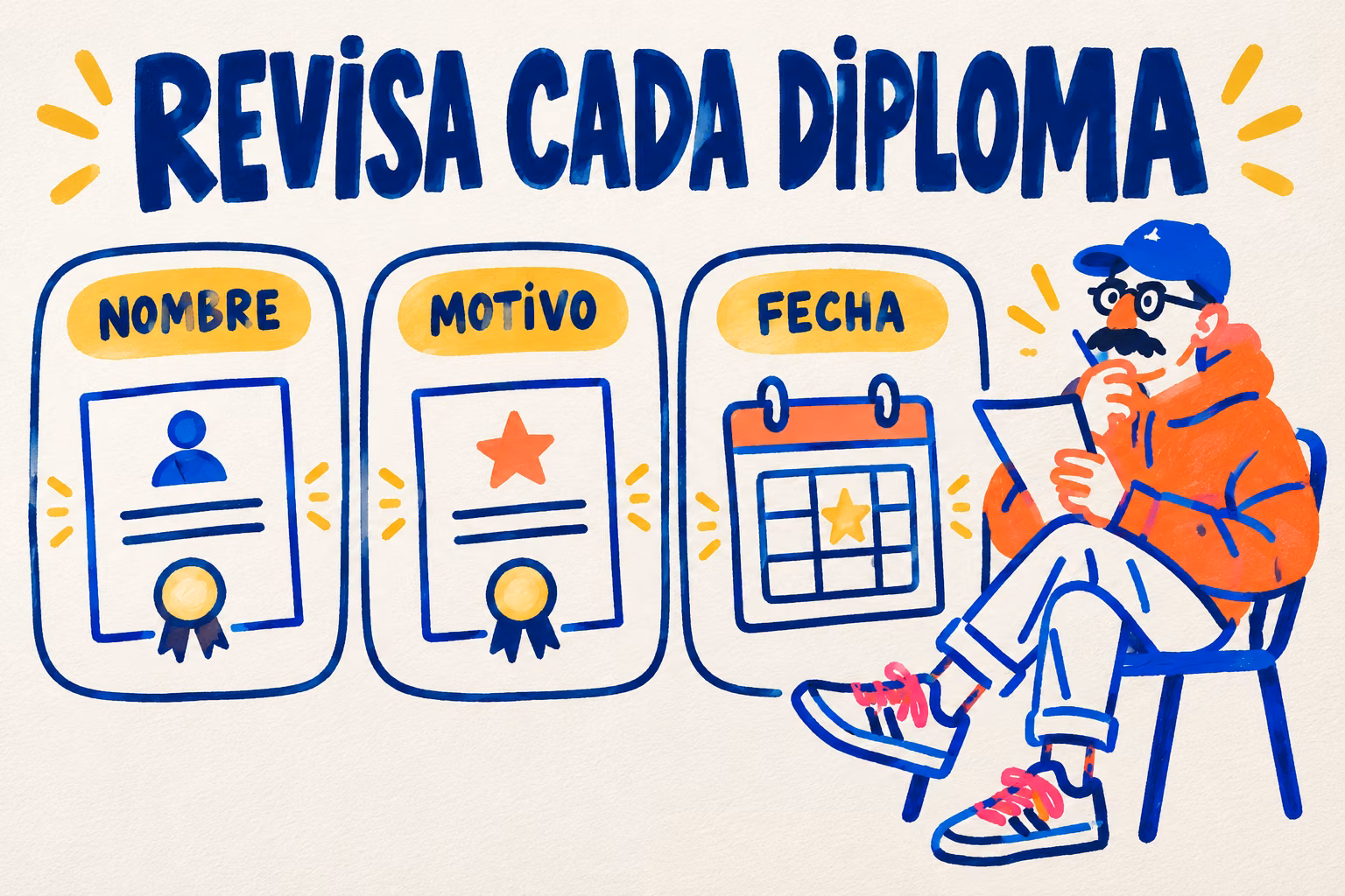 Infografía de revisión de diploma: nombre, motivo y fecha