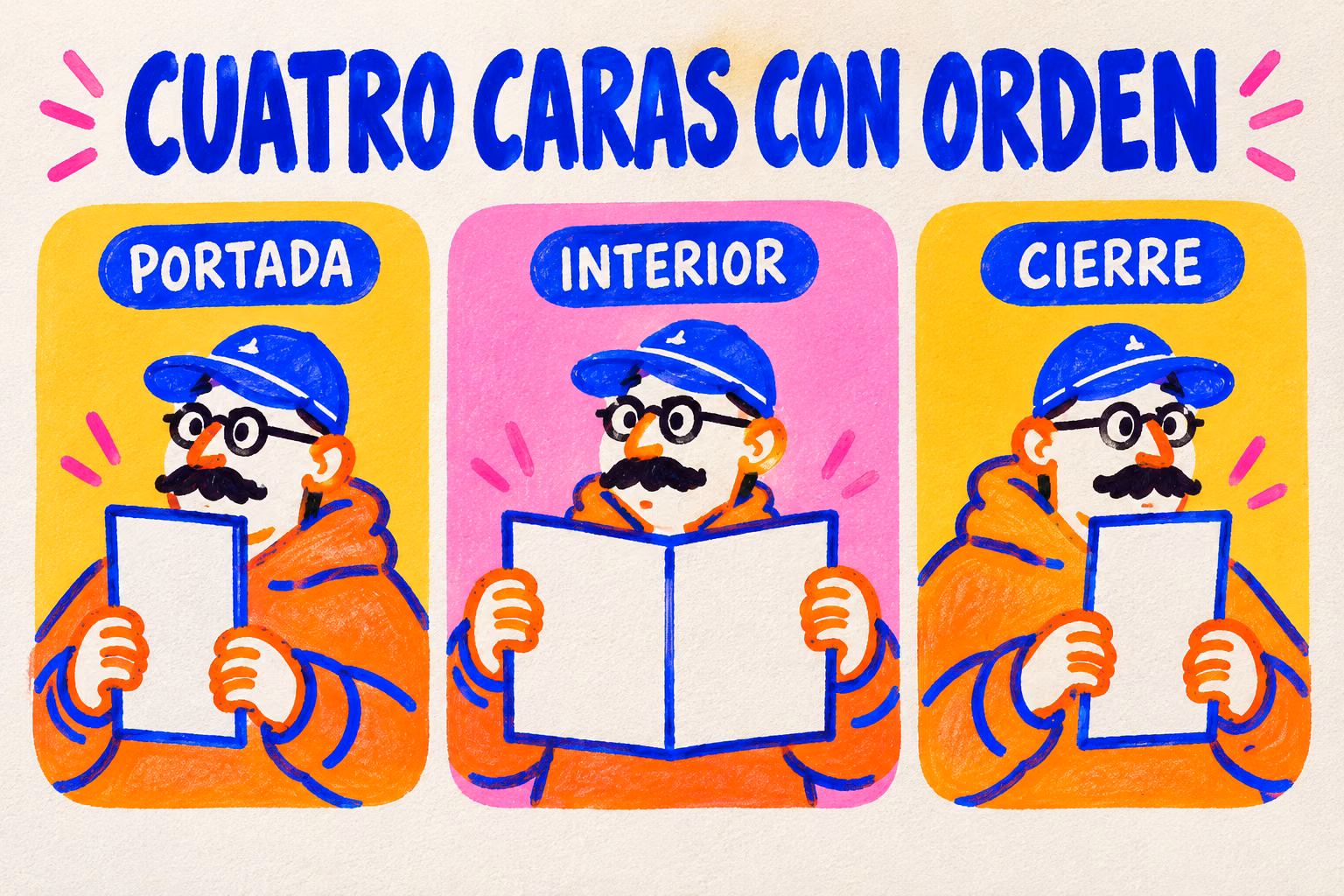 Infografía de díptico: portada, interior de dos paneles y cierre