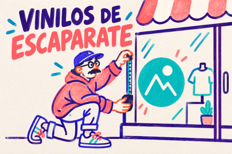 Creativo ilustrado midiendo un cristal de escaparate para colocar un vinilo