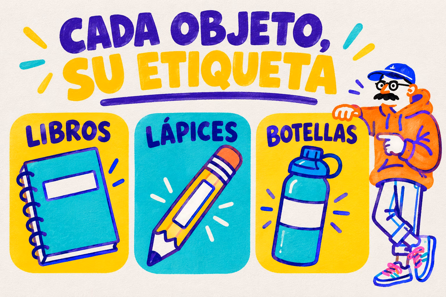 Infografía ilustrada de etiquetas escolares para libros, lápices y botellas