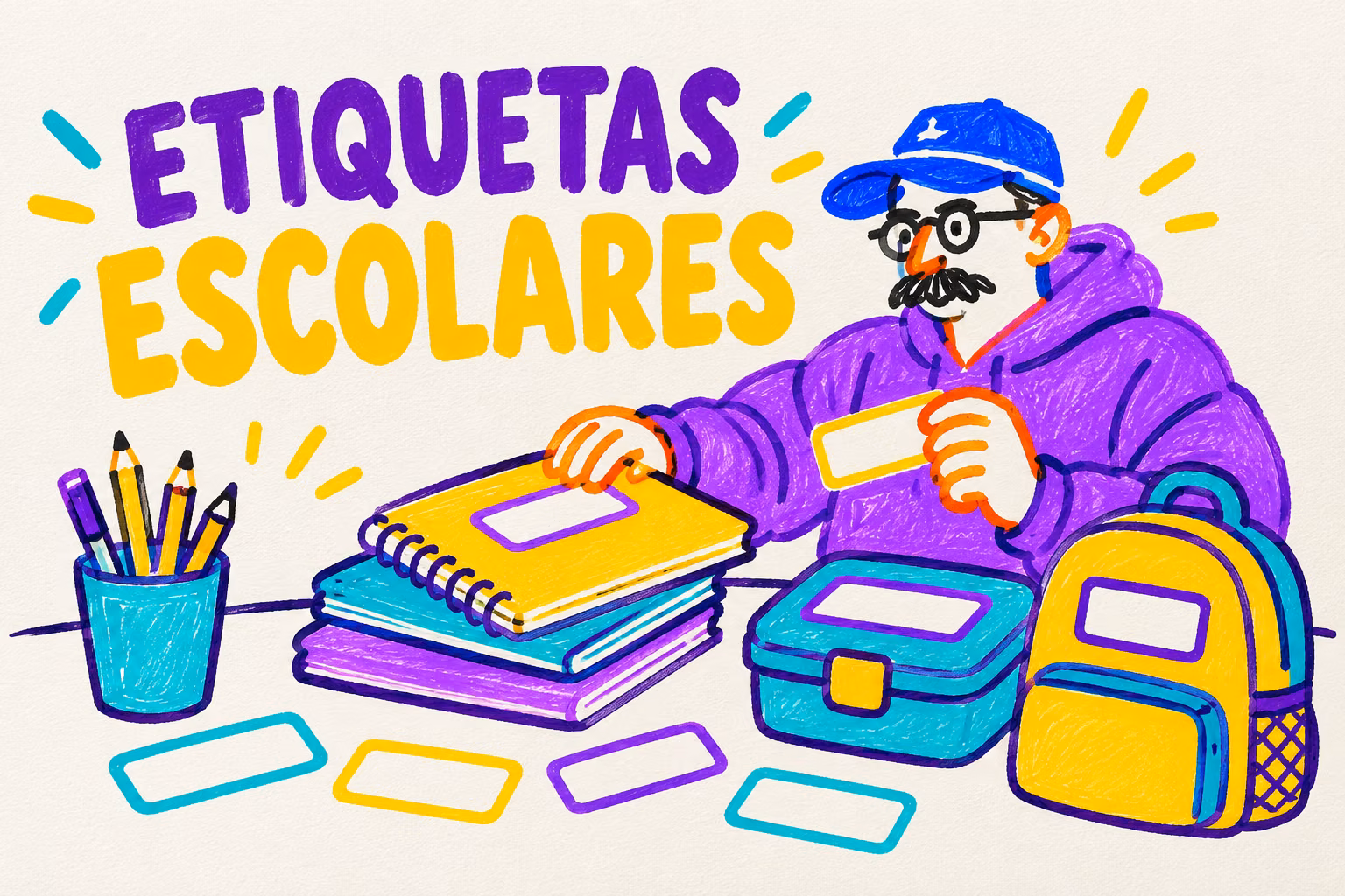 Creativo ilustrado organizando cuadernos, lapices y recipientes con etiquetas de colores