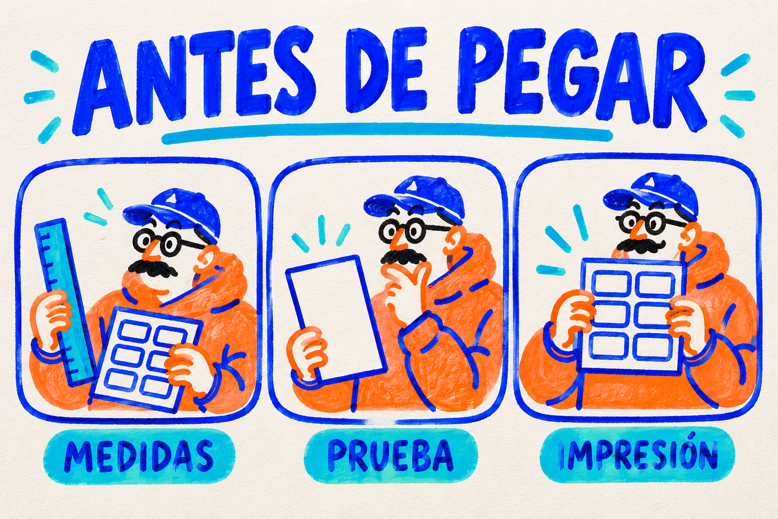 Infografía ilustrada sobre medir, probar e imprimir etiquetas