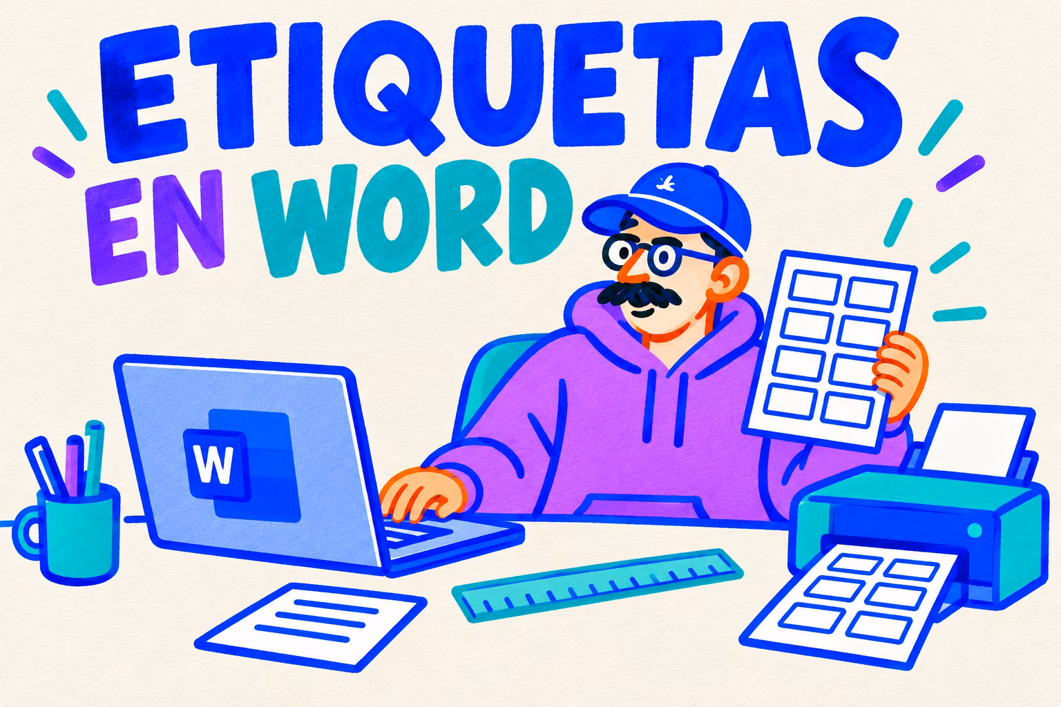 Creativo ilustrado con una hoja de etiquetas, un ordenador y una impresora en azul, violeta y turquesa