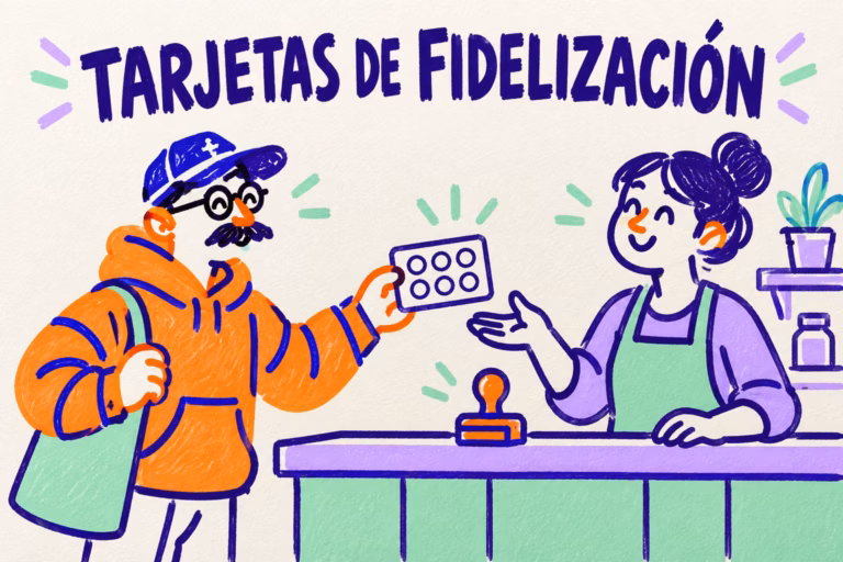 Creativo y comerciante ilustrados entregando una tarjeta de fidelización en tonos lavanda, naranja y verde