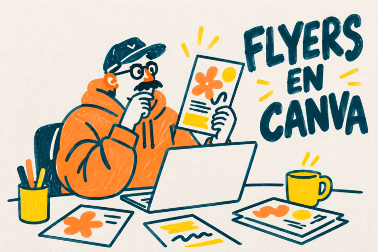 Creativo ilustrado diseñando un flyer en un ordenador