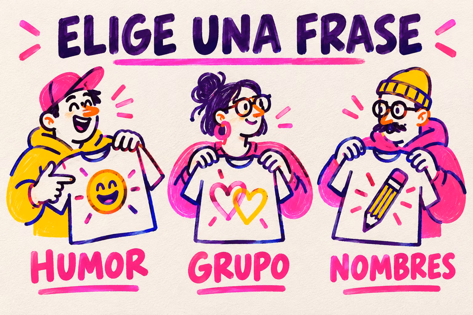 Tres formas de elegir una frase para camisetas: humor, grupo y nombres