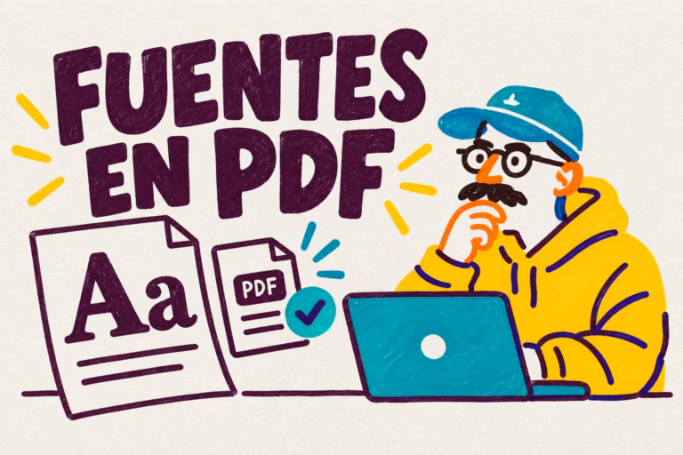 Creativo ilustrado revisando letras en un documento PDF