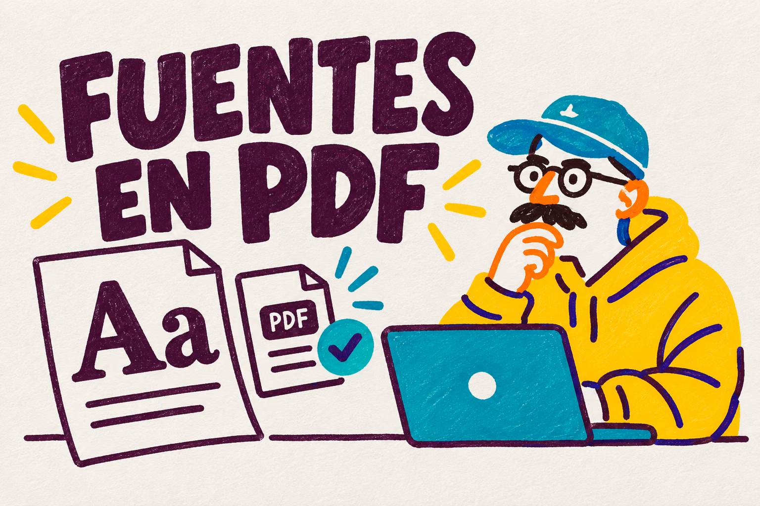 Creativo ilustrado revisando letras en un documento PDF