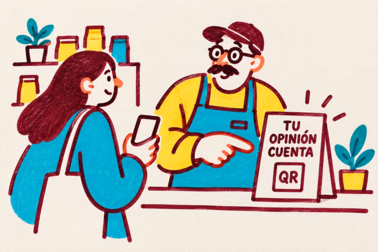 Ilustración de un comerciante junto a un cartel para solicitar opiniones auténticas