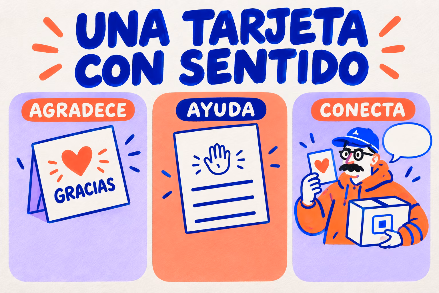 Infografía con tres ideas para una tarjeta: agradecer, ayudar y conectar