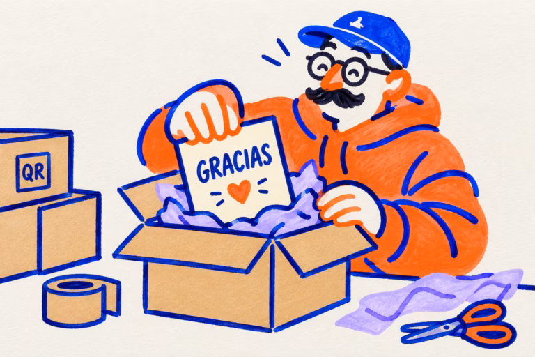 Ilustración de una persona colocando una tarjeta de agradecimiento en un paquete