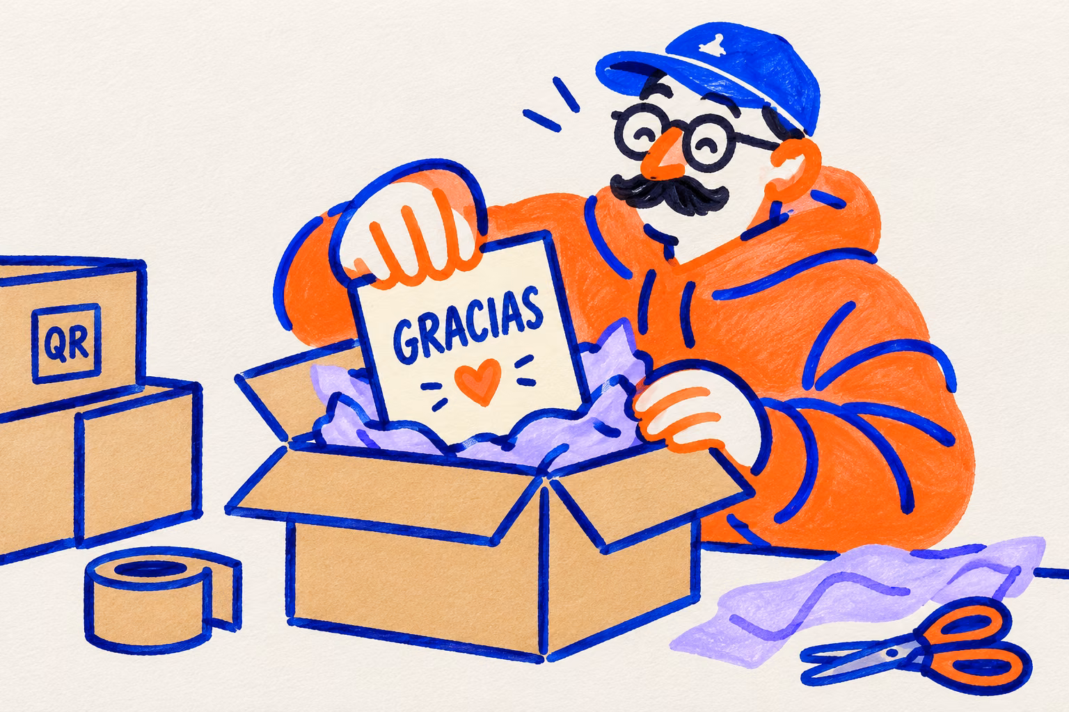 Ilustración de una persona colocando una tarjeta de agradecimiento en un paquete