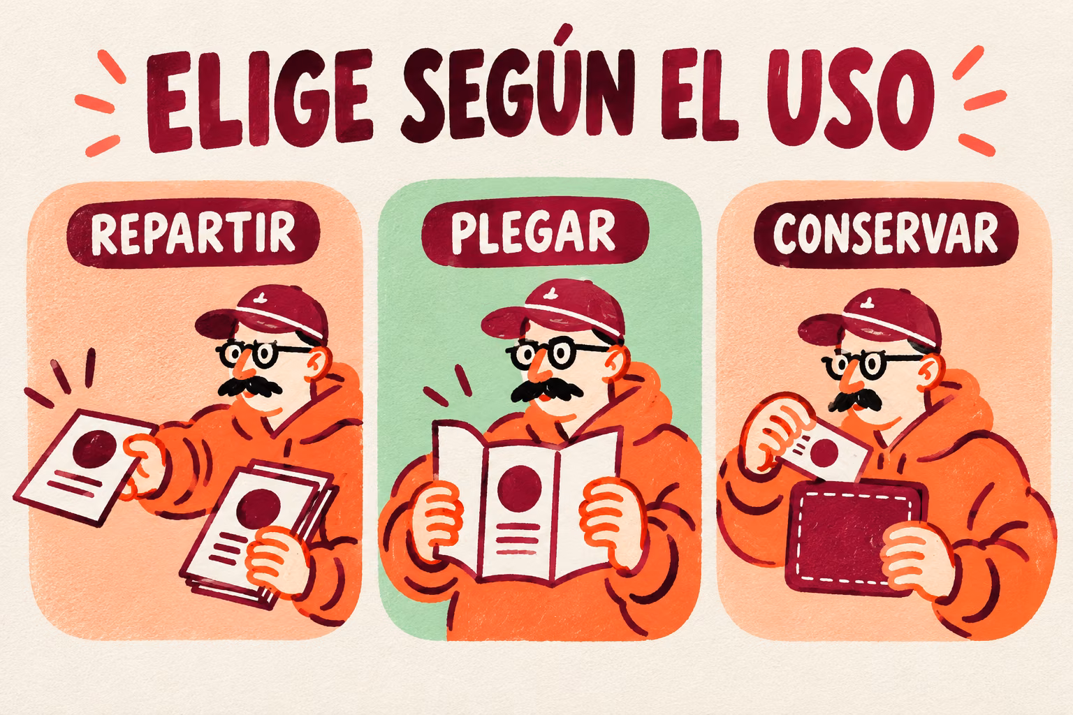 Infografía ilustrada de tres usos del papel: repartir, plegar y conservar