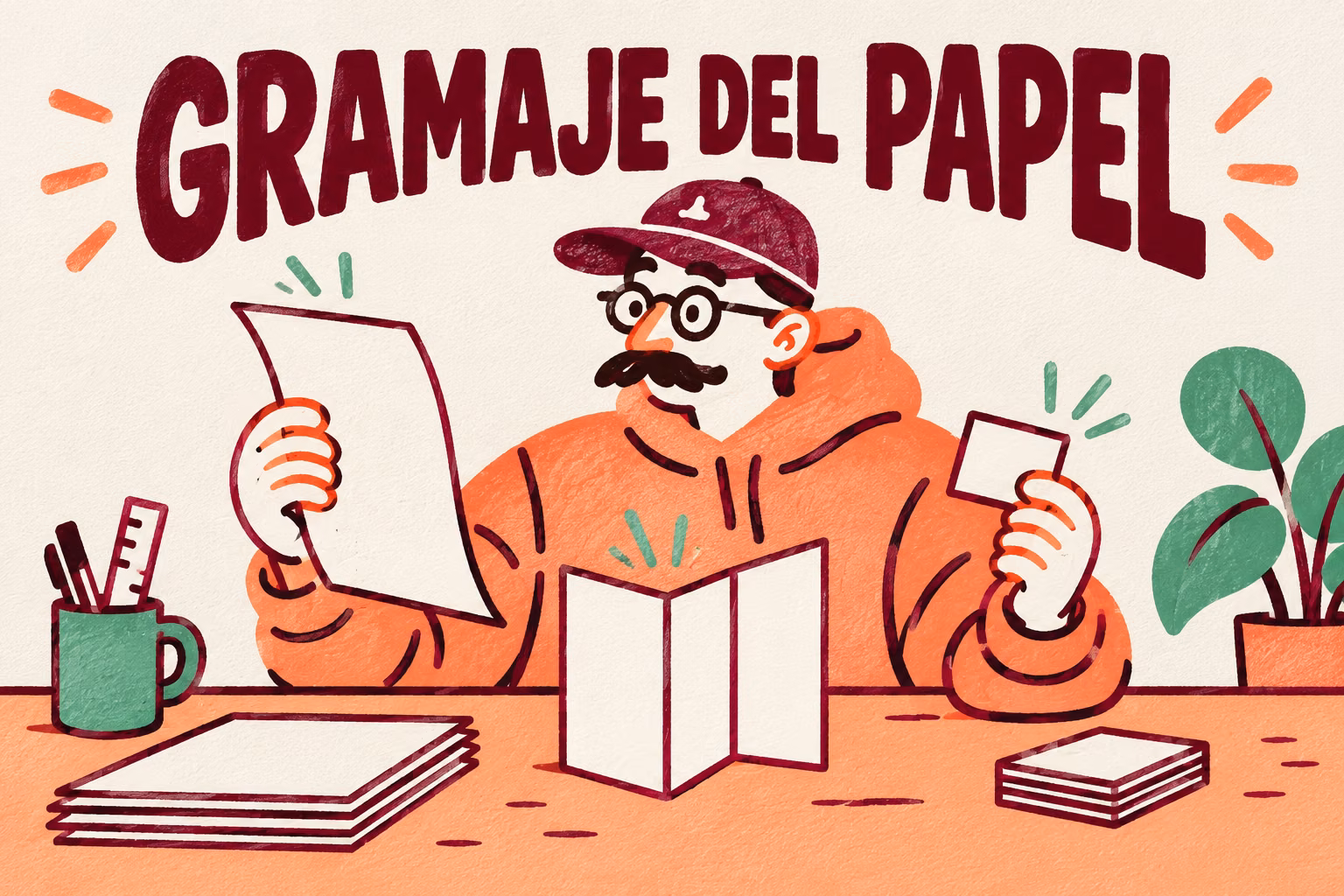 Creativo ilustrado comparando una hoja, un folleto y una tarjeta en tonos burdeos, melocotón y verde